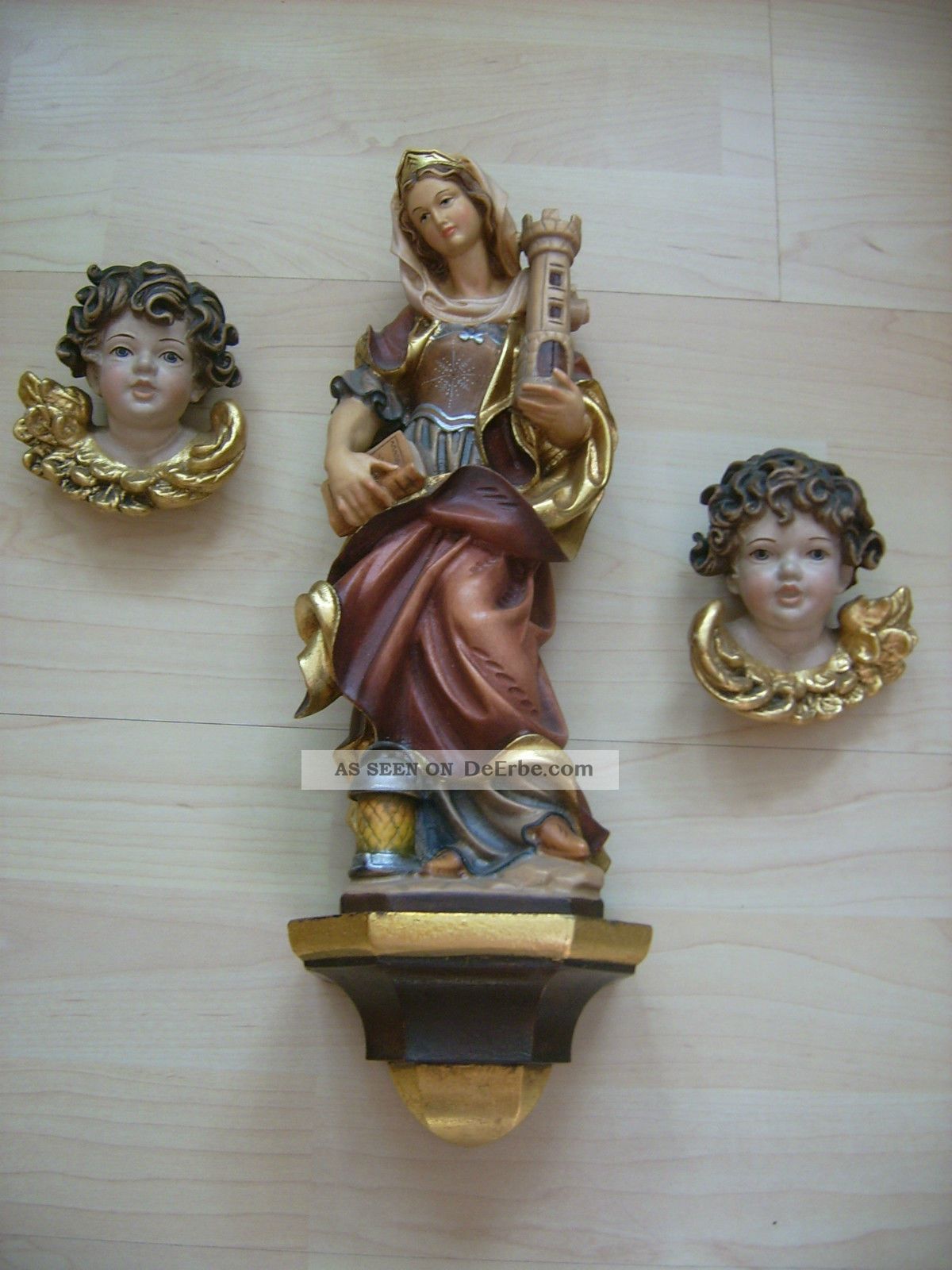 Holzfigur Heilige Barbara Und Zwei Engel/putto Handgeschnitzt GrÖdnertal Skulpturen & Kruzifixe Bild