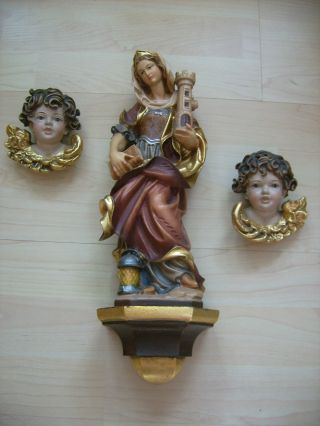 Holzfigur Heilige Barbara Und Zwei Engel/putto Handgeschnitzt GrÖdnertal Bild