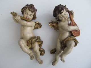 Paar Große Prachtvolle Engel Figuren Putte Skulptur Holzgeschnitzt Handgemalt Bild