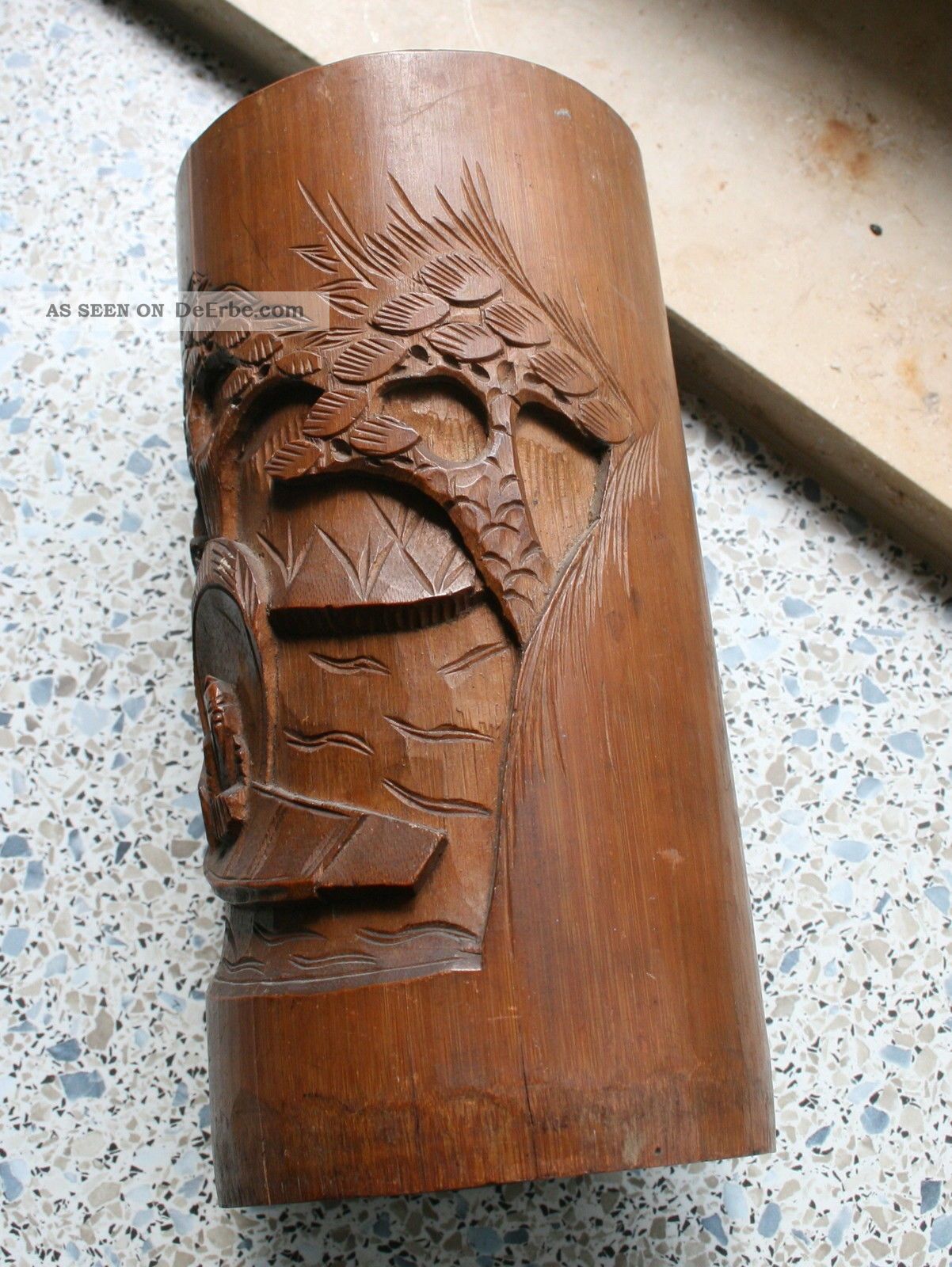 Bambus Pinselbecher Ca. Anfg20th Relief Schnitzkunst Dschunke Chinese 22 Cm