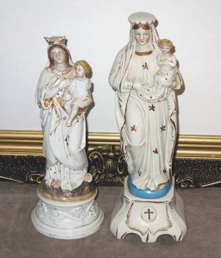 Zwei PrÄchtige Alte Madonnen Mutter Gottes Figuren Mit Jesuskind Aus Porzellan Bild