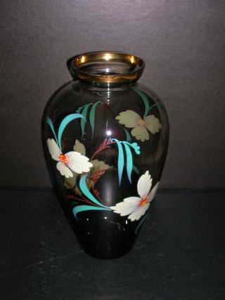 Rauchglas - Vase 29 Cm Handbemalt Blütendekor Goldrand Art - Deco Aus Nachlass Bild