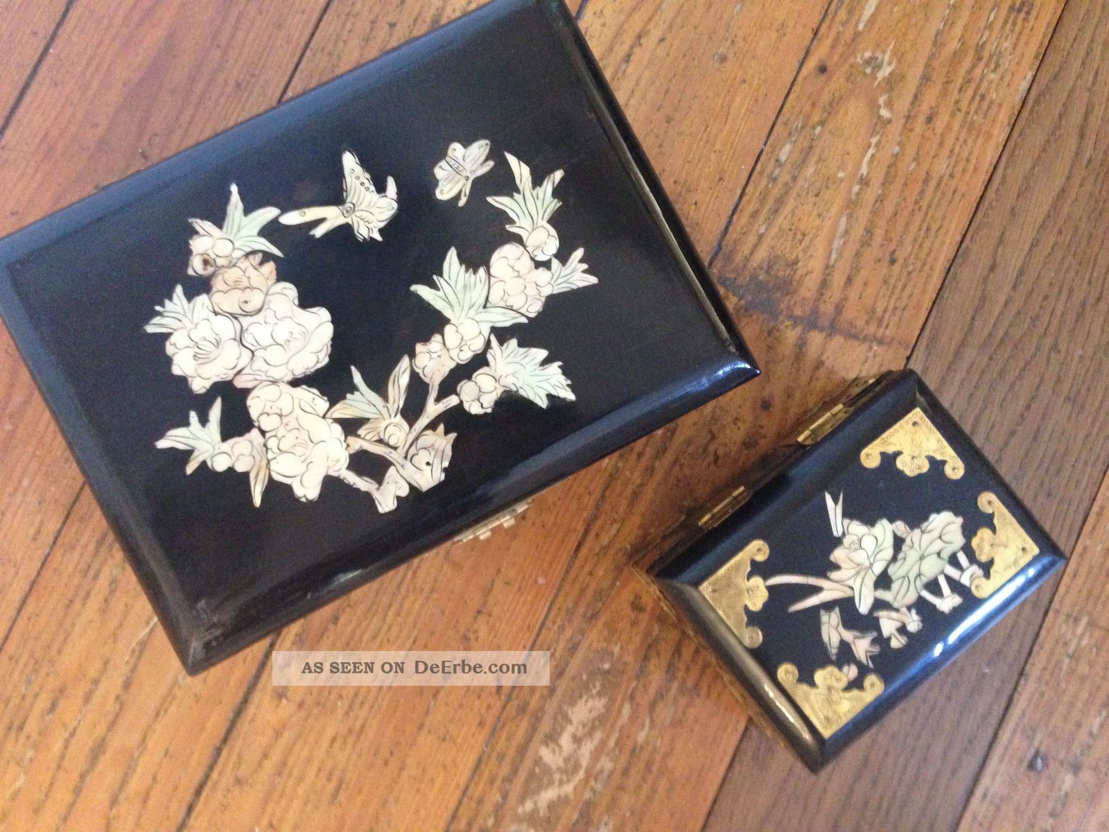 Alte Chinalack Chinoi Lackkaestchen Holz Lackbox Perlmutt Lackmalerei