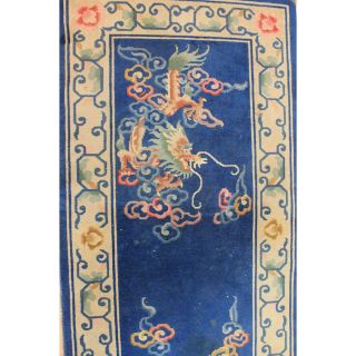 Alter Blauer Drachen China Art Deco Orientteppich Aubusson 153x77cm Carpet Rug Bild