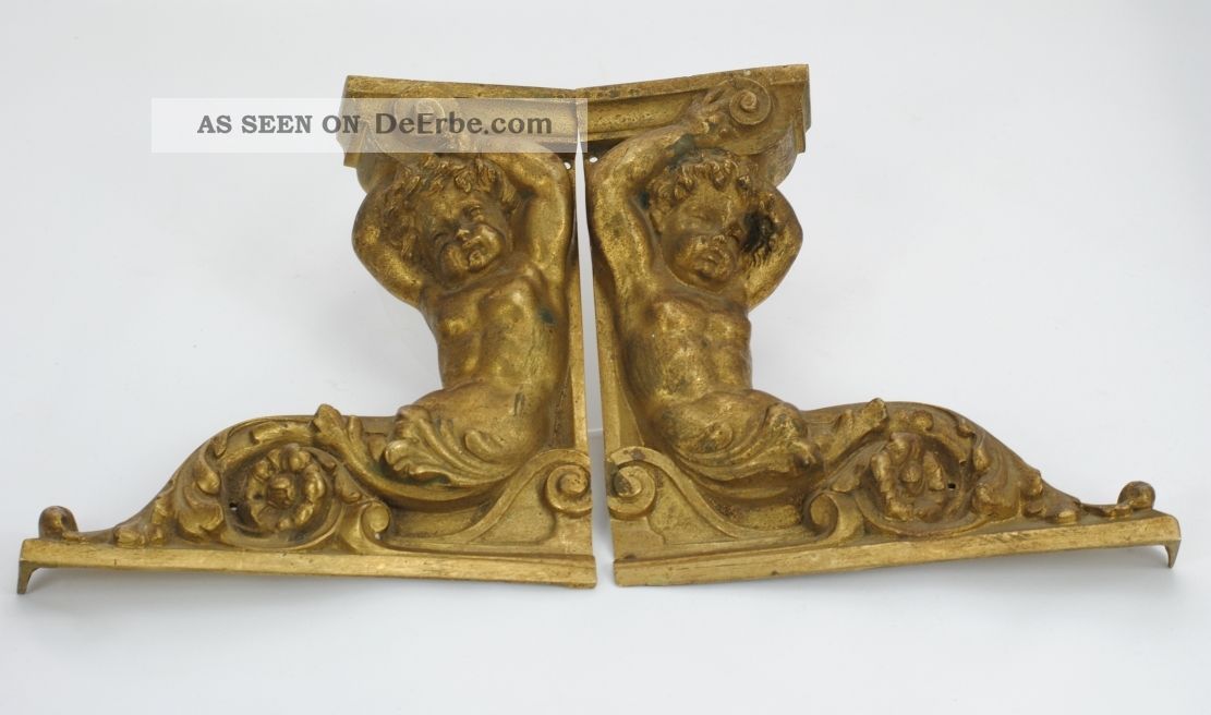 2 Antike Bronze Engel Putto Putti Beschläge Ornamente Konsolen Um 1880 Angel Vor 1900 Bild