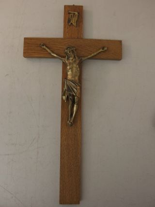B47) Altes Wand Eiche Holz Kreuz Kruzifixe Sakrale Kunst Jesus Metall Inri Bild