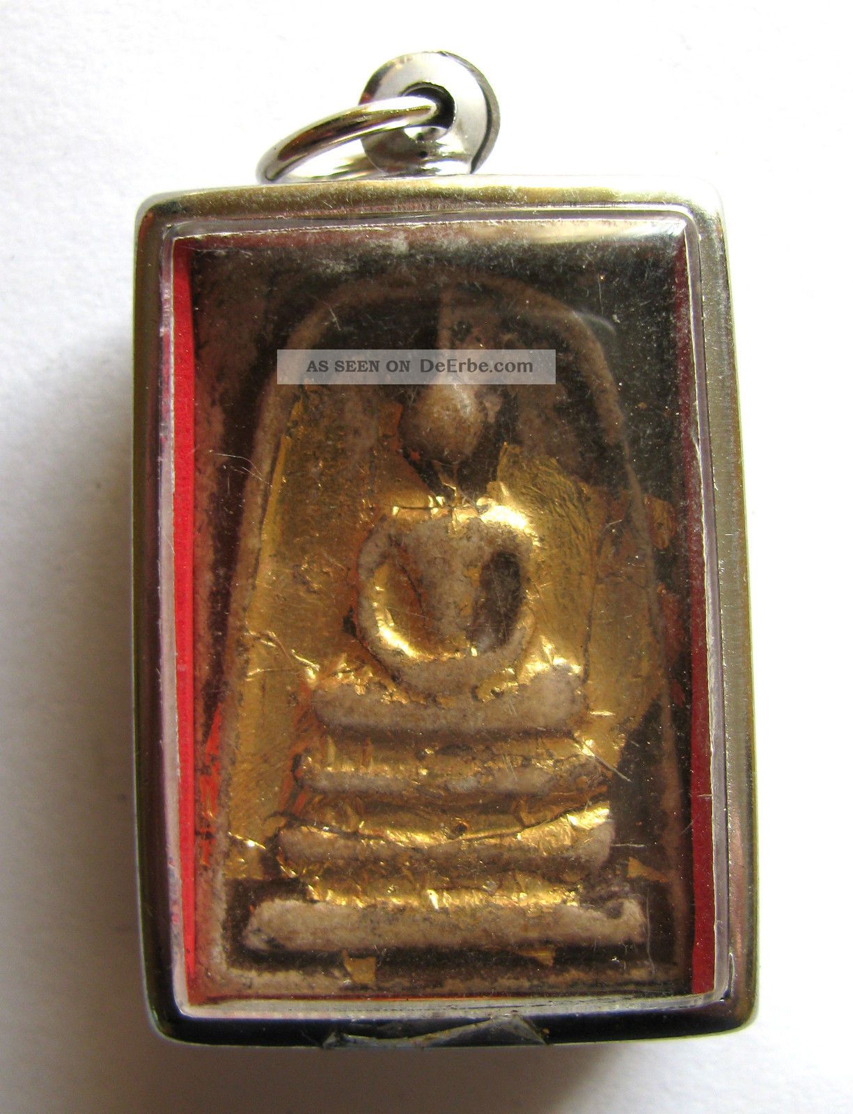 Altes Buddha - Amulett,  Buddha Auf Dem 3stufigenthron,  Restvergoldet,  Verkapselt Entstehungszeit nach 1945 Bild