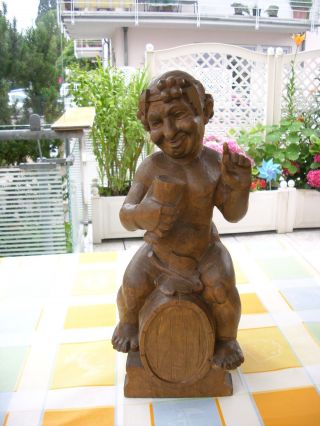 Holzfigur - Heiligenfigur - Bacchus Auf Weinfass - Gott Des Weines - Dyonisos - Geschnitzt Bild