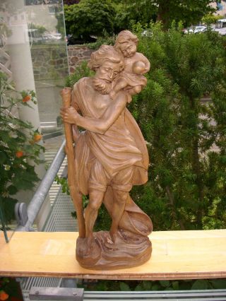 Gr.  Holzfigur - Heiligenfigur - Hl.  Christopherus - Heiliger Mit Kind - Geschnitzt - Deko - Bild