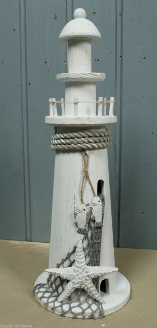 Deko Holz Leuchtturm Antik Look 22cm mit 2 Fischen maritime Dekoration 