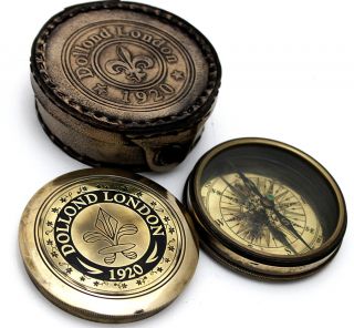 Dollond London1920 Massivem Messing Kompass Mit Ledertasche Bild