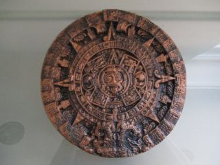 Maya Kalender Gußeisen Relief Wandbild Rund Ø 26 Cm Kupferfarben Patina Rarität Bild
