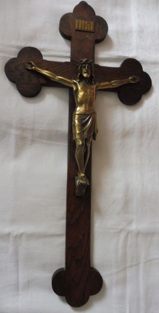Altes Holz Kreuz Eichenholz/messing Kruzifix Jesus Christus Inri Oma ' S Nachlass Bild