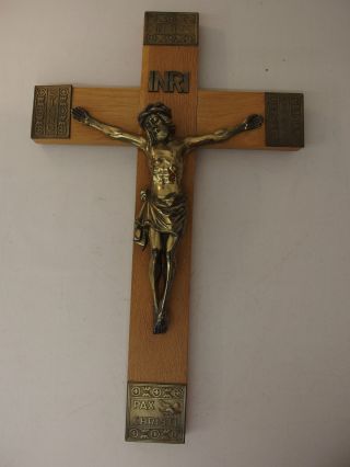 Fh 50) Altes Wand Holz Kreuz Kruzifixe Sakrale Kunst Jesus Metall Inri Jn Hoc Bild
