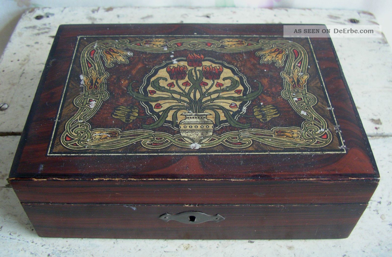 Nähkästchen Holz Einlegearbeiten Blumen Lilien Jugendstil Kästchen Schatulle Nähutensilien Bild