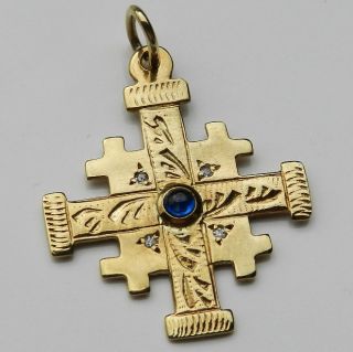 Sehr Schönes 333er Gold Jerusalem Kreuz Mit Saphir & 4 Diamanten - S4730 Bild
