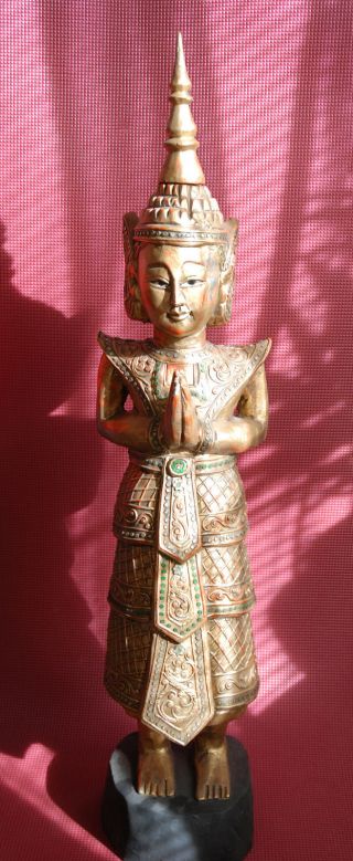 88 Cm Buddha Figur Skulptur Holz Antik Tempel Thailand Tibet Indien Handgemacht Bild