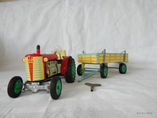 Blech Traktor Mit Hänger Kdn 3 - Gangschaltung Schlüssel Tin Toy Tractor Tracteur Bild