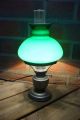 Petroleumlampe Zinnlampe Tischlampe Glaszylinder Grüner Lampenschirm Elektrisch Gefertigt nach 1945 Bild 1