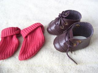 Alte Puppenkleidung Schuhe Vintage Brown Shoes Red Socks 40 Cm Doll 5 Cm Bild
