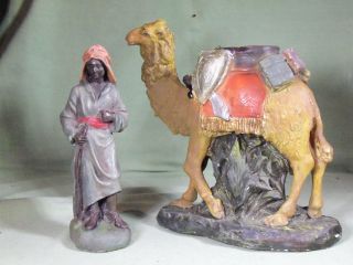 Antike Krippenfiguren Aus Gips,  Kamel 22 Cm Mit Treiber,  17 Cm,  Gemarkt Bild