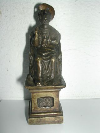 Antike Bronze Figur Mit Patina Hl.  Simon Petrus Auf Petrusstuhl Bild