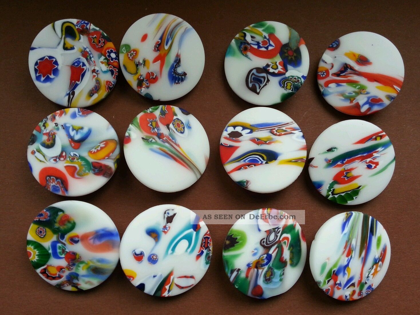 ♥wunderschöne Alte Glasknöpfe Weiß Bunt Glasstaub Raritäten 12 Stk Dm.  26 Mm♥ Nähutensilien Bild