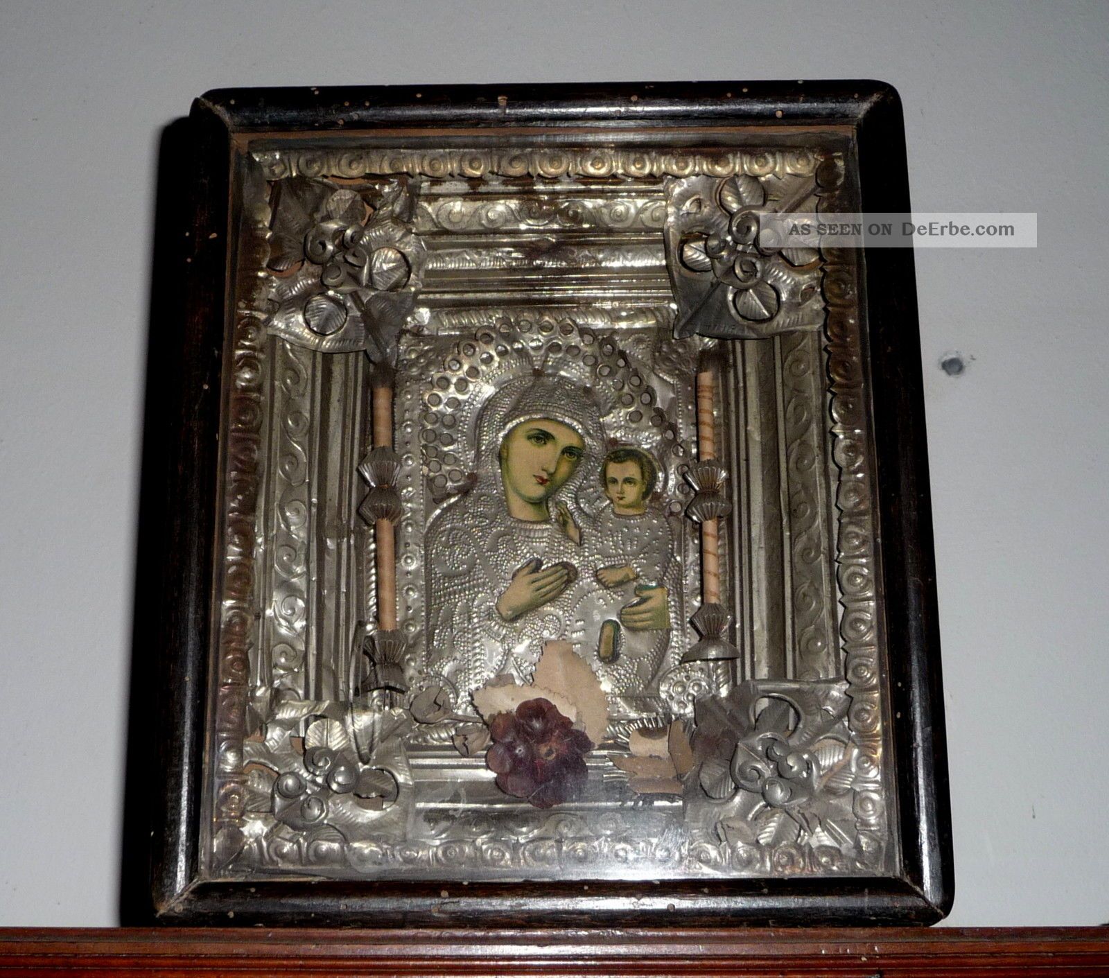 Ikone Heiligenbild Silberoklad ? In Geschlossenem Kasten,  Verglast Wurmlöcher Skulpturen & Kruzifixe Bild