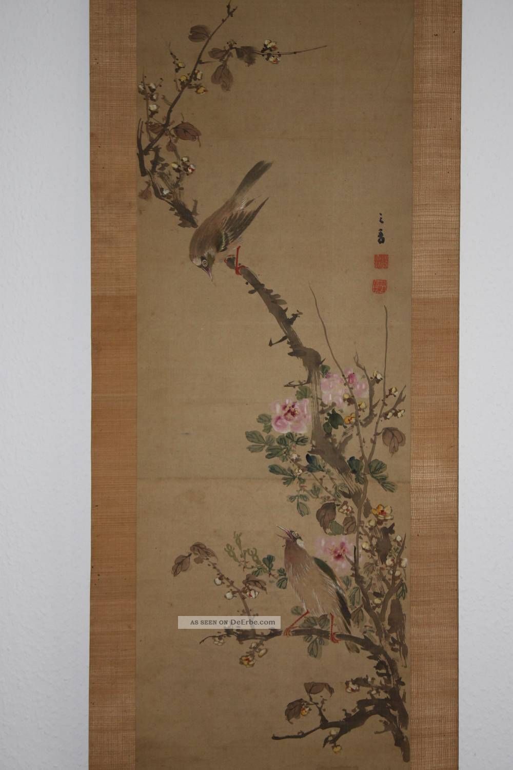 Japanisches Rollbild Kakejiku Vögel Und Blumen Japan Scroll Birds