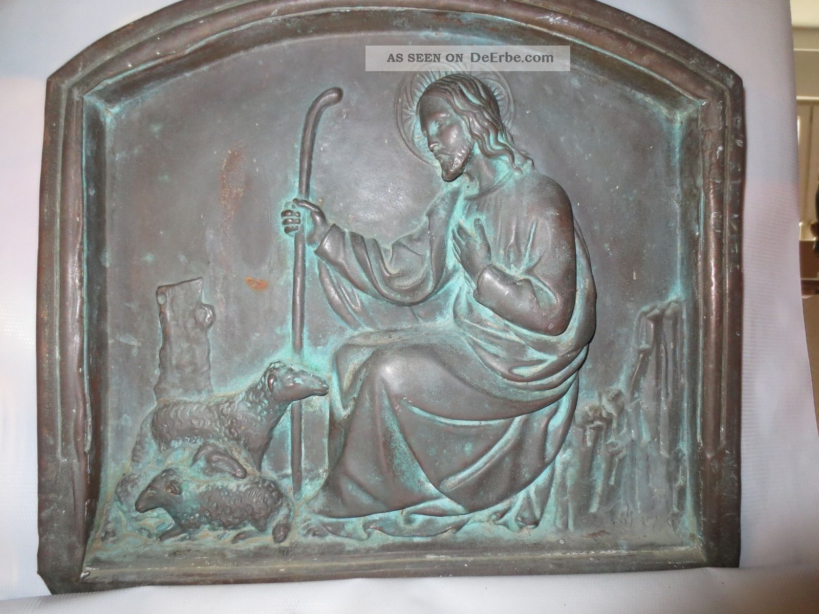Kupfer Relief,  Jesus Der Gute Hirte,  36 Breit 35 Hoch,  Kunstvolle Arbeit Kupfer Bild