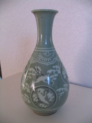 China Seladon Tischvase Vase Kunst Keramik Kraniche Grün Signiert 20jh. Bild