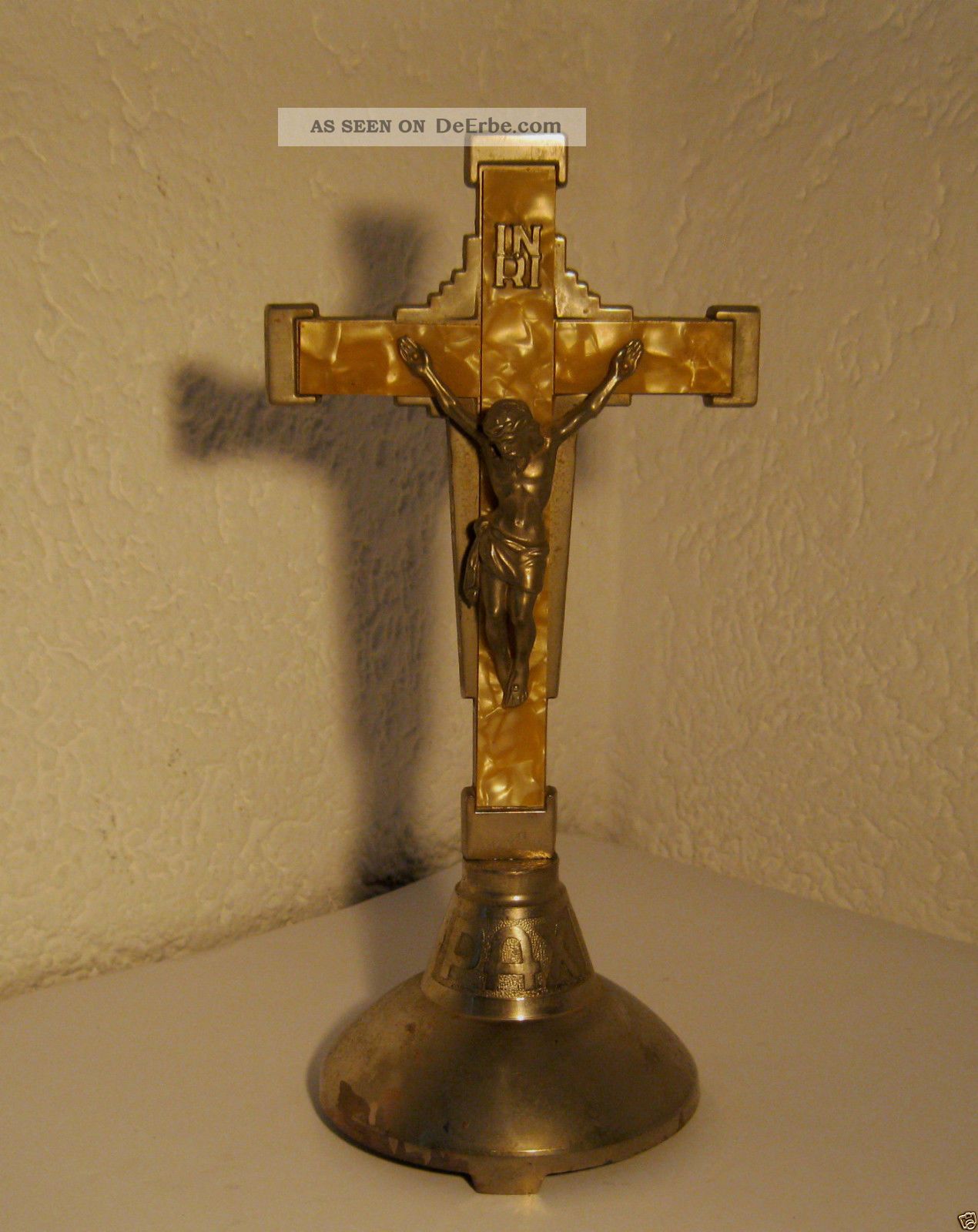 Altes Standkreuz Metall Altarkreuz / Kruzifix / Verseh - Kreuz Inri / Pax Foreign Skulpturen & Kruzifixe Bild