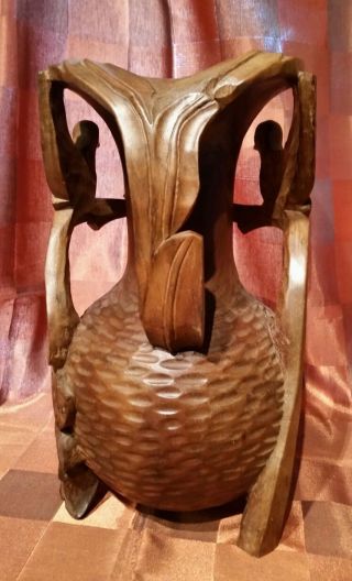 Aussergewöhnliche Gr.  Vase Holz Massiv Schnitzerei Vogel Blume H 31cm - Ge.  2.  305 Bild