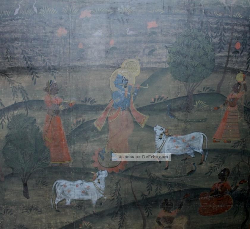 Altindische Malerei: Krishna Lockt Die Gopis In Der Nacht An _ (flöte,  Vishnu) Asiatika: Indien & Himalaya Bild
