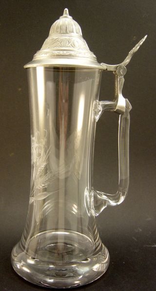 Krug - Kanne - Bierkrug Jugendstil Ranftboden Geschliffenes Glas Mit Zinndeckel Bild