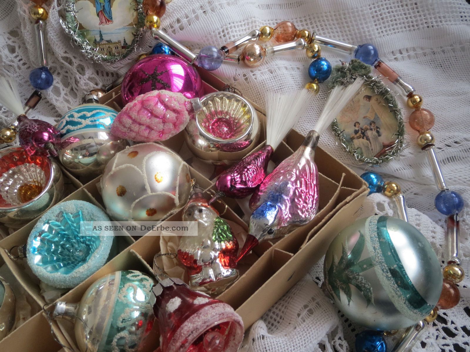 Alter Christbaumschmuck Kugeln Tinsel 2 Lange Glasbaumketten Oblaten