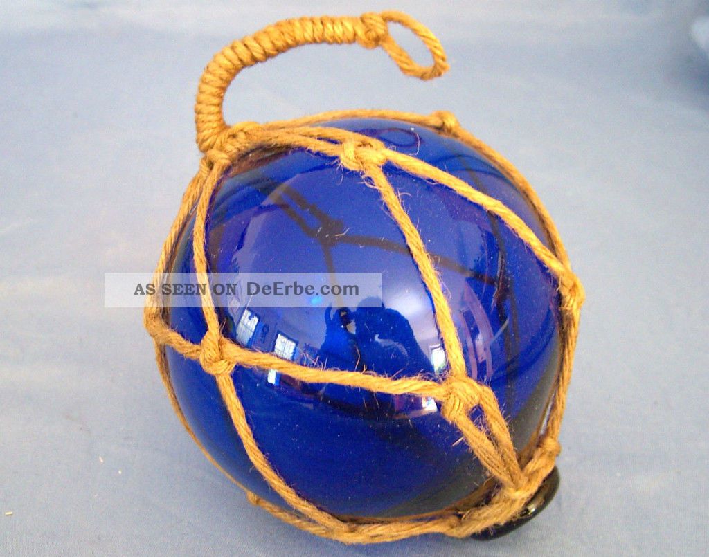 Tampen 15cm Glas Blau eingeflochten in einem Netz aus Hanf Fischerkugel ca 