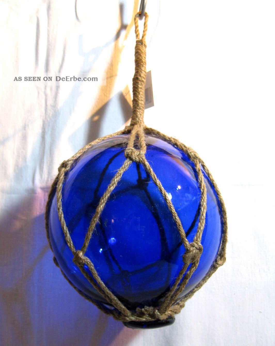 15cm Glas Blau eingeflochten in einem Netz aus Hanf Fischerkugel ca Tampen 