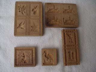 5 Stück Antike Originale Aus Holz Geschnitzte Springerele/holzmödel Unbeschädigt Bild