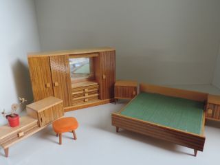 Puppenstubenmöbel,  Schlafzimmer 50er - 60er Jahre,  Holz Bild