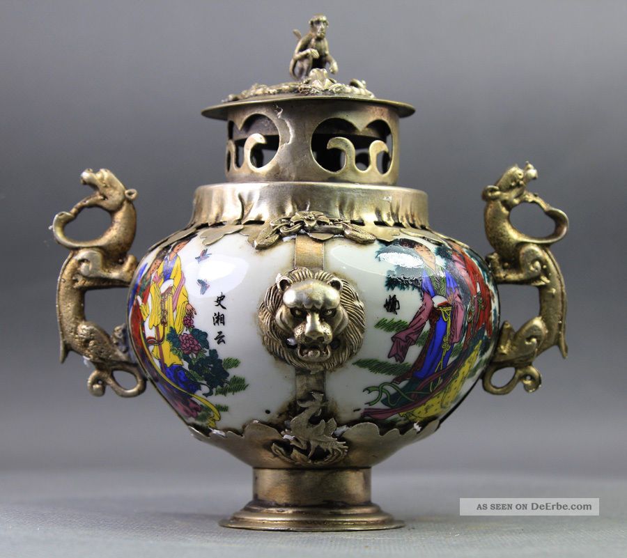 Prunk Räuchergefäß Dose Bronze Versilbert Porzellan Drachen Sign.  China Um 1900. Asiatika: China Bild