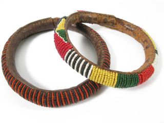 2 Alte Reife Leder Glasperlen Fulani Old Well Worn Bead Bracelets Niger Afrozip Bild