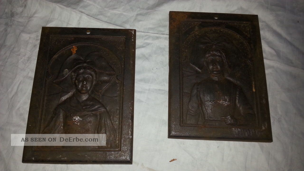 Paar Antike Ofenplatte Gussofen Kaminplatte Jugendstil Um 1900 Frauentracht Eisen Bild