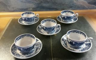 5 Xroyal Tudor Old English Blau Staffordshire Tasse,  Untertasse Bild