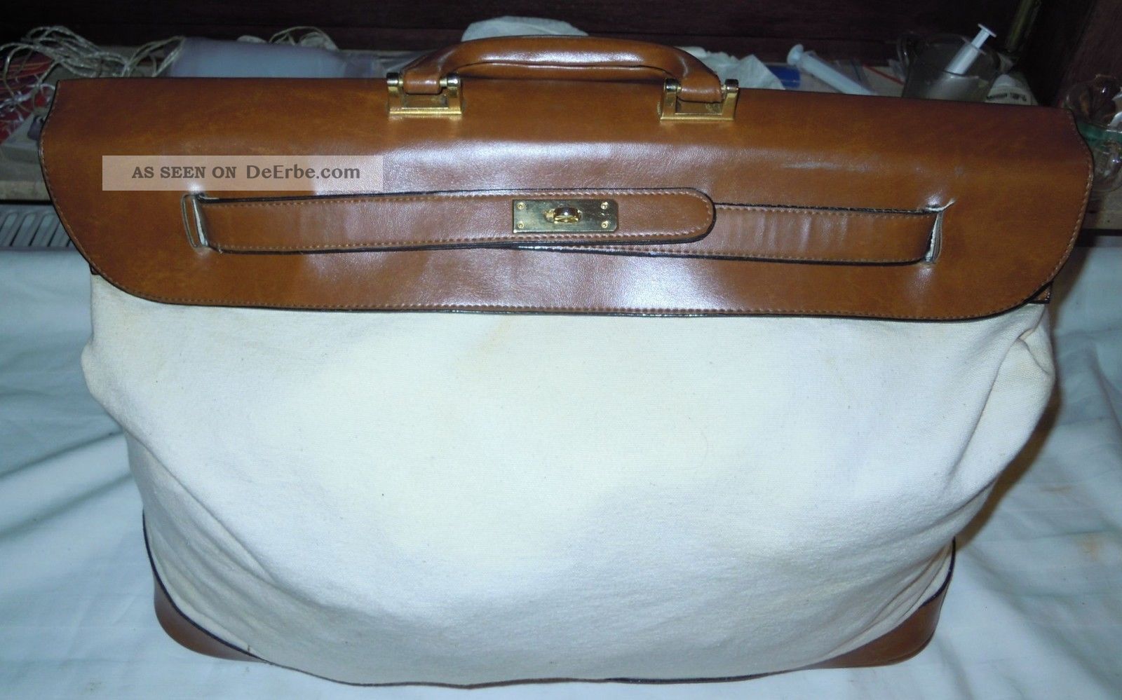 Rustikale Reisetasche Aus Leinen Mit Le - Derverschluss 47 X 32 X 24 Cm Accessoires Bild