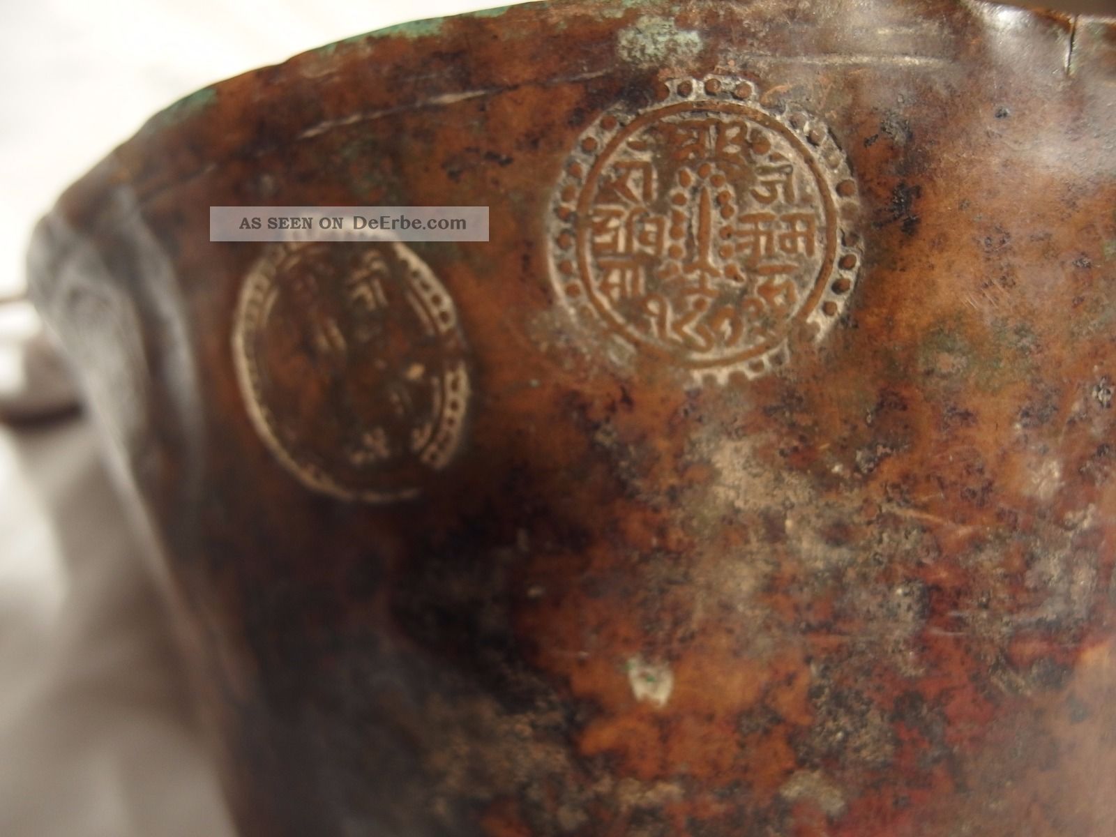 Nepal Tibet Kupfer Schale Topf König Stempel Antik Patina 1800 Ad Asiatika: Indien & Himalaya Bild