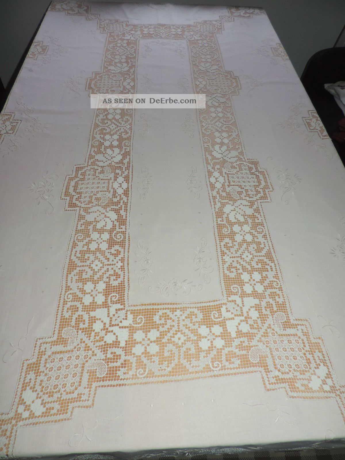 Top Creme Tischdecke Filetborte,  Einsätze Stickerei Handarbeit Ca 120x210 Cm Tischdecken Bild