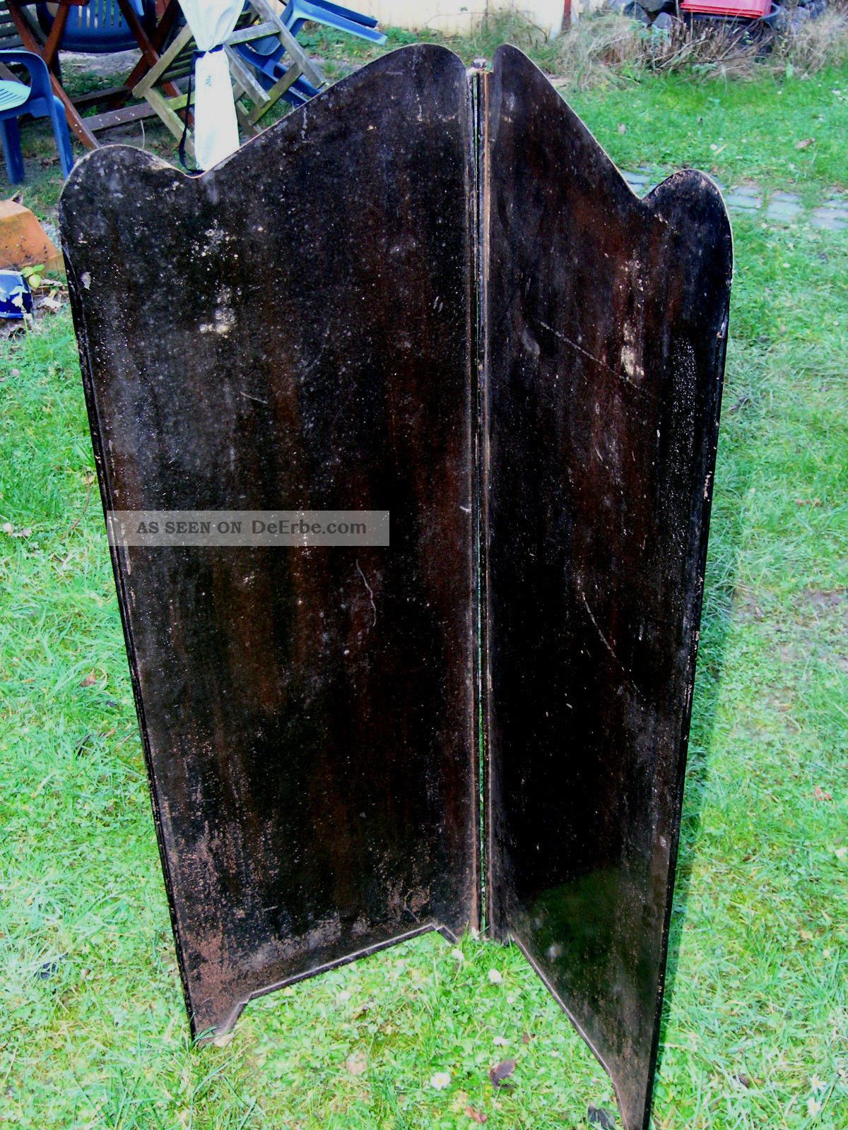 Alter Ofenschirm Kaminschirm Paravent Metall Zweiteilig Schwarz Goldrand