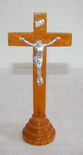 Altes Tisch Kreuz Bernstein ? Art Deco Um 1920 Hausaltar H.  21 Cm Jesus Kruzifix Bild