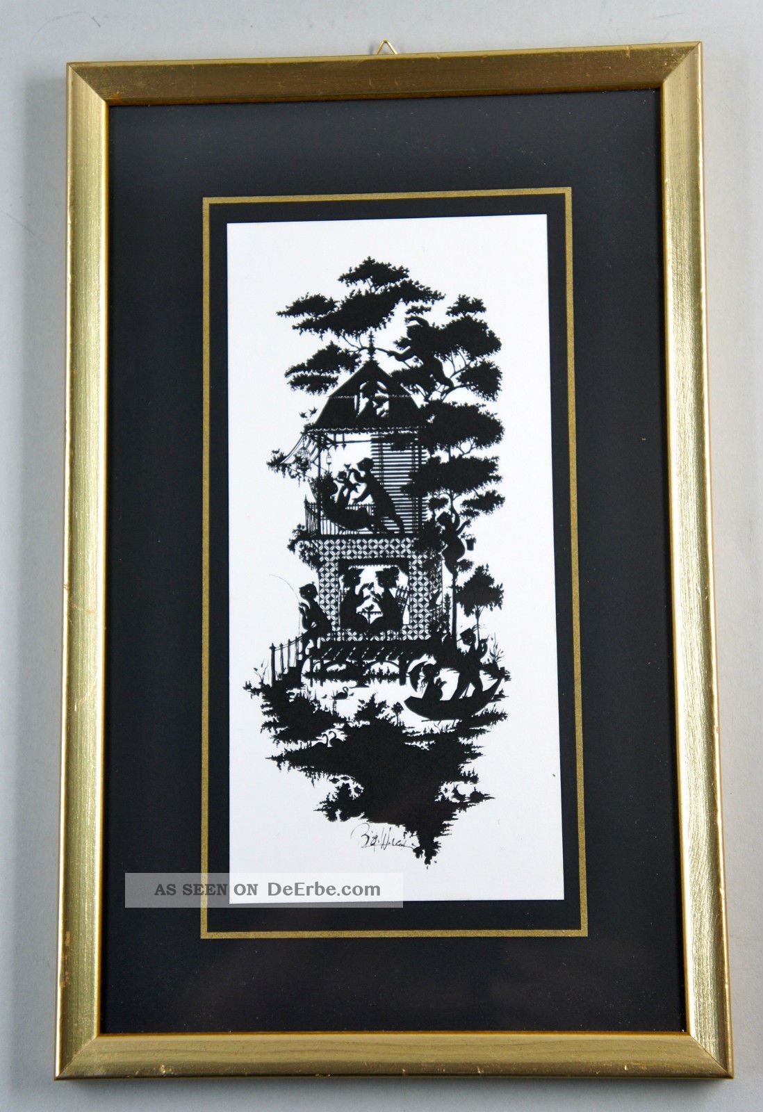 Bezauberndes Schattenbild Im Goldrahmen,  In Der Platte Signiert,  19,  5x30,  5 Cm.  B Rahmen Bild
